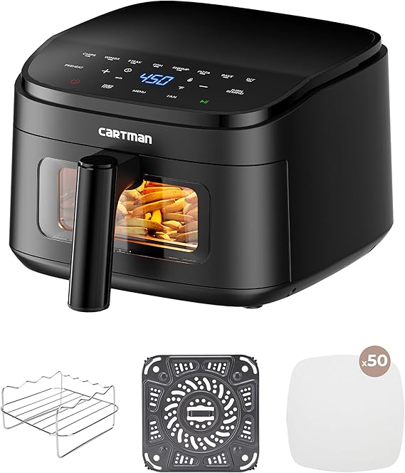 Cartman 4QT Compact Air Fryer, Ultra-Flat 6.7" Height Small Airfryer, Adjustable Airflow Design, Viewing Window, Up to 450F, 7 Presets Touchscreen, Portable Air Fryer, Black