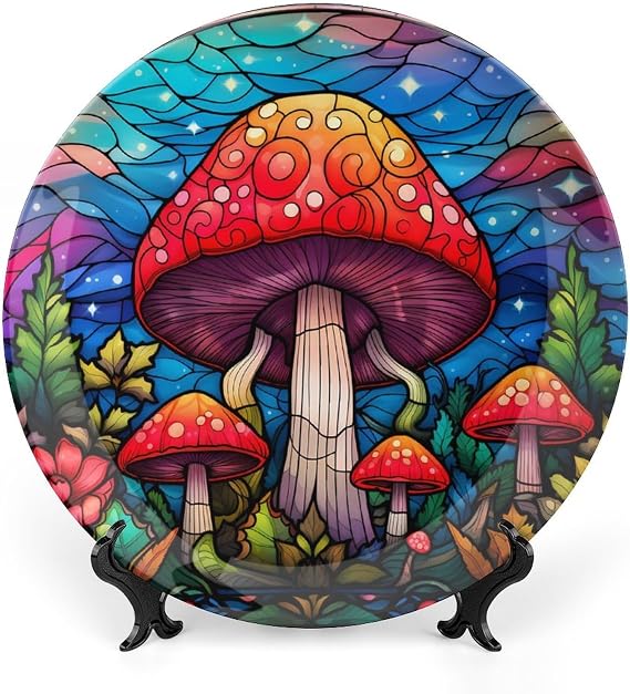 Red Mushroom Stained Glass Painting Decorative Plates Home Decor Ceramic Plates, Dinner Plates Display for Living Room, Kitchen, Hallway Console Side Table, Presents for Mushroom Lovers, 8 Inch