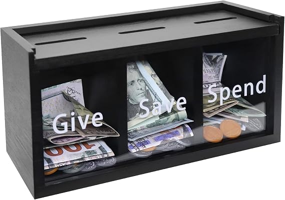 Spend Save Give Piggy Bank for Kids, Money Coin Savings Piggy Bank Jar Box for Kids Child Safe Money Saver, Teach Children About Giving & Saving Money Piggy Box for Childrens Boys Girls, Black