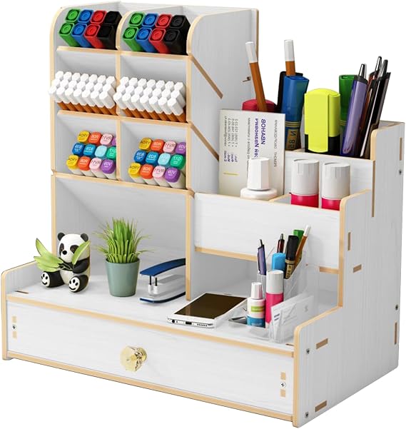 Marbrasse Upgraded Wooden Pencil Holder, Pen Organizer for Desk, Easy Assembly, Art Supply Organizer, Desktop Stationary (White)