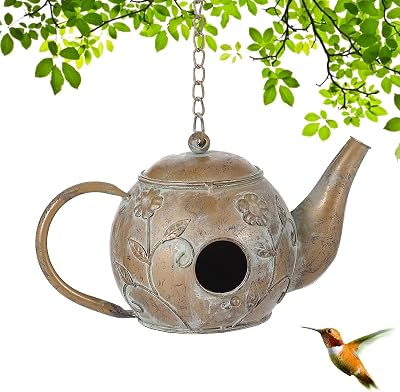 Bird House, Teapot Hanging Bird House, Metal Bird Houses for Outside, Antique Cute Birdhouse, Unique Decorative Birdhouses for Outdoors Garden Patio Yard Lawn Backyard Decor