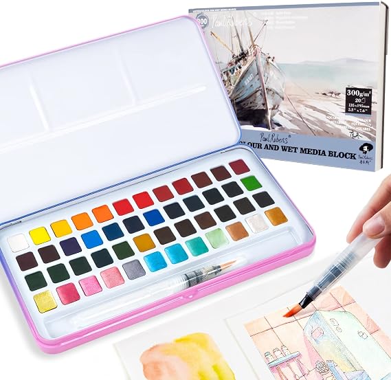 Meiliang 48 Colors Watercolor Paint Set with 36 Vibrant Colors 12 Glitter Colors and Watercolor Block, High Transparency Not Chalky, Easy to Rewet and Mix Suitable for Beginners and Professionals