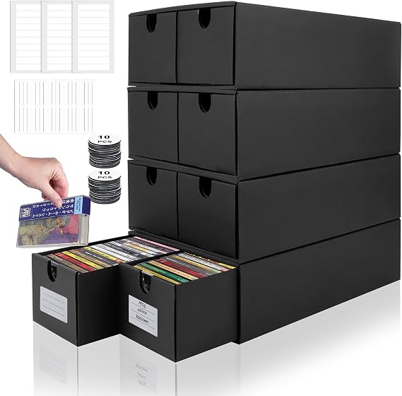 AOBOPLE Cassette Tape Storage Box,4 Pack Cassette Tape Holder Holds 144 Cases,Stackable Cassette Rack with Lids and Index Labels Media Storage Organizer