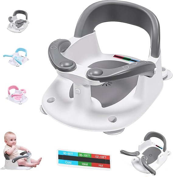 babove Baby Bath seat for Babies 6 Months & up with Thermometer Sticker, one-Touch Button for Easy armrest Opening, Baby sit up Bath Chair (Gray)