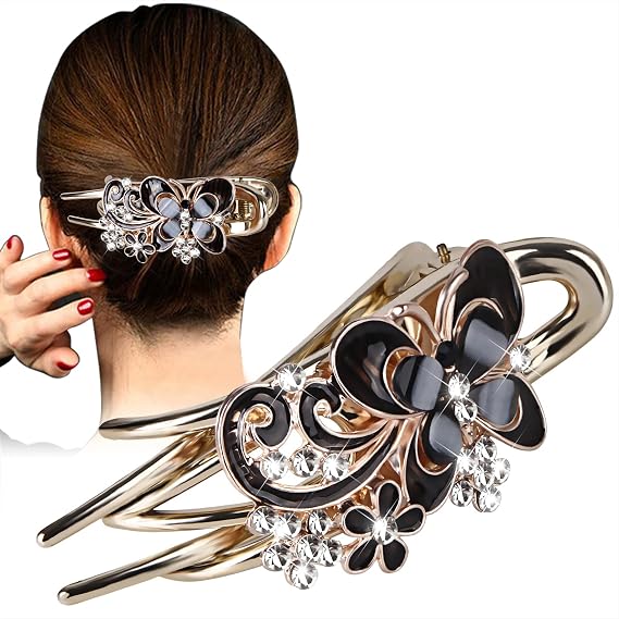 Hair Clip, Sparkling Crystal Stone Braided Hair Clips with Rhinestone Butterfly and Flower Design, Large Size, Thick Long Decorative Hair Accessories for Women/Girls