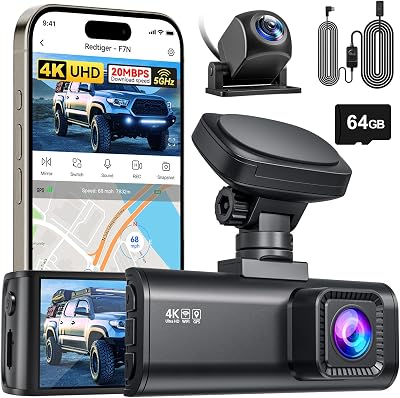 REDTIGER F7N Dash Cam & OBD Hardwire Kit, 5.8GHz WiFi-20 MBs Fast Transfer, 64GB Card, Front 4K2.5K and Rear 1080P Dash Camera for Cars with 3.18 Screen