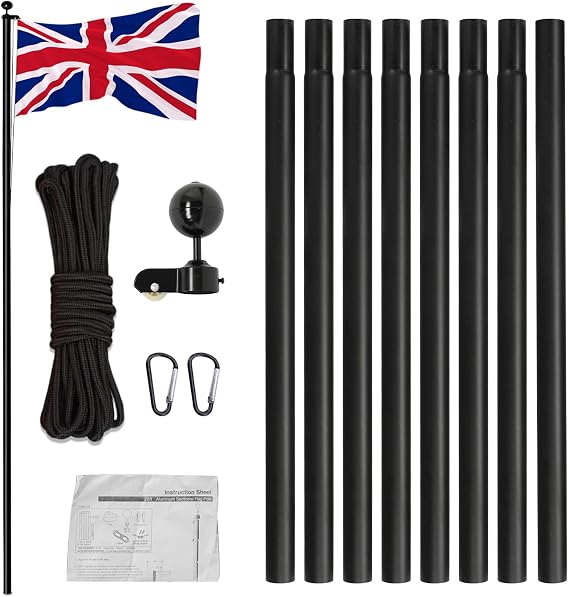 25FT Sectional Flagpole, Adjustable Aluminum Outdoor Flagpole with UK National Flag, Black Ball Finial, Suspension Rope for Residential and Commercial Courtyards, Black