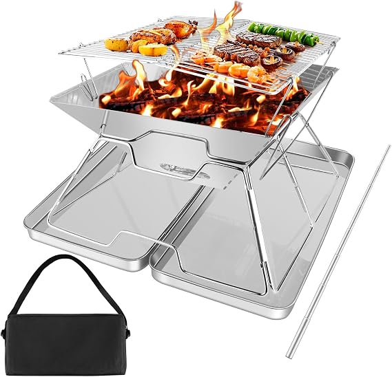 Foldable Fire Pit Grill Portable Fire Pit, Collapsible Camping Campfire Grill Set with Iron Box & Carrying Bag, Stainless Steel Folding Rack for BBQ Picnic Patio
