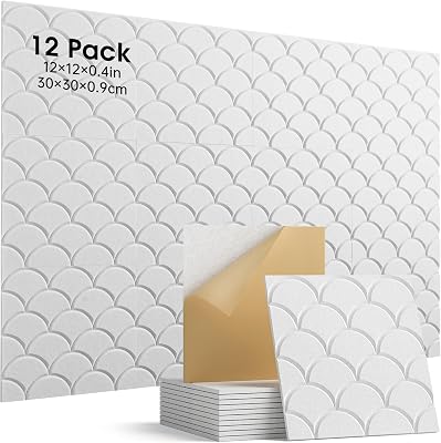 Acoustic Panels Self-Adhesive, 12 Pack Sound Proof Foam Panels for Walls, 12 X 12 X 0.4 High Density Soundproof Wall Panels for Door, Ceiling, Home Office White