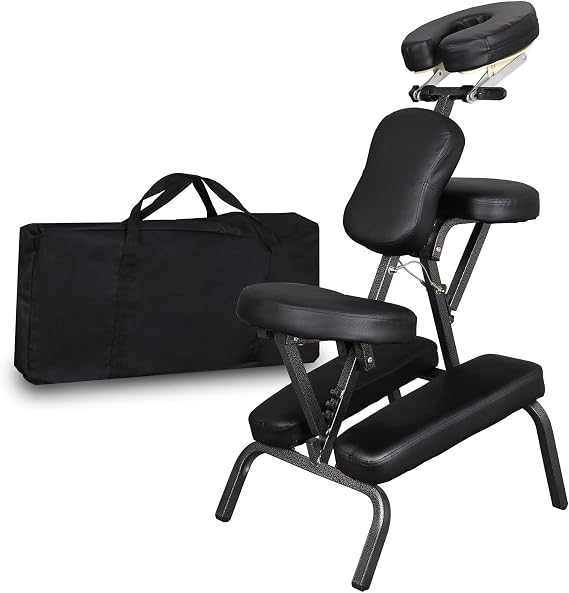 JungleA Portable Massage Chair, Foldable Tattoo Spa Therapy Salon Chair, Adjustable Design for Face Cradle, Chest, Armrest, and Seat, 4'' Thickness High-Density Sponge, 330 Lbs Capacity, Black