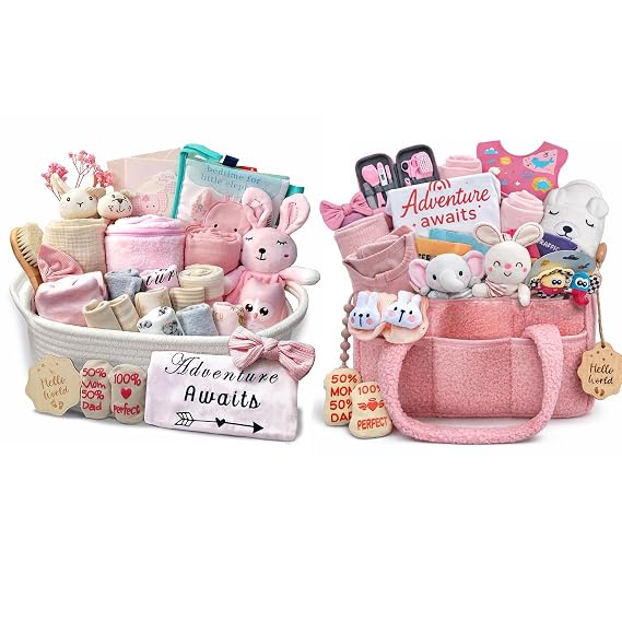 Baby Girl Shower Gift Basket Set - Newborn Essentials, Large Pink Gift Basket with Rattle, Swaddle, Diaper Caddy Organizer