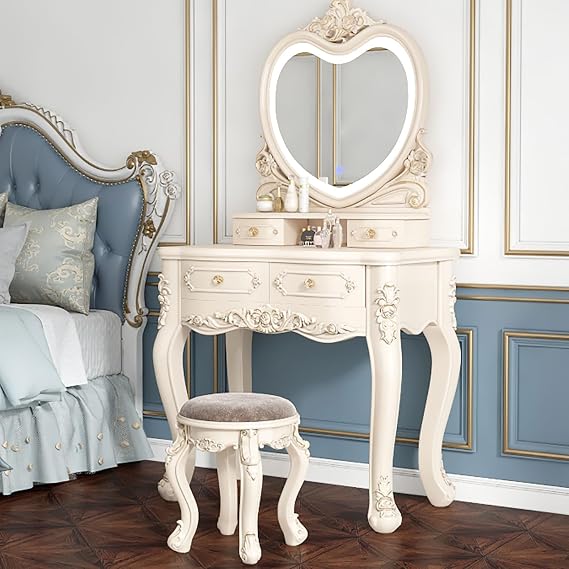 JingNian White Vanity Desk with Drawers, LED Oval Makeup Mirror, Upholstered Stool, Dressing Table for Princess-Style Makeup, Bedroom, or Girls(60cm)