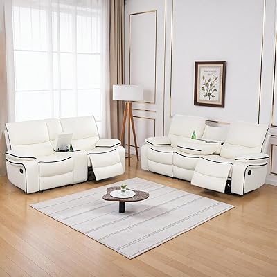 Recliner Sofa Set for Living Room,Reclining Couch Set with 4 Recliner Seats,Leather Reclining Sofa and Loveseat with Drop-Down TableCup Holders for HouseHome Theater2Pcs Set,Creamy