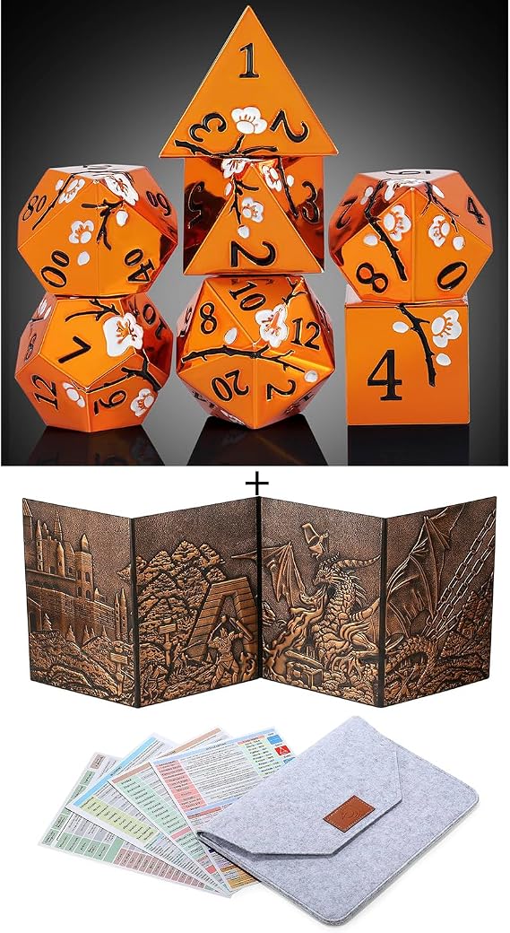 DNDND Orange Metal Dice Set with Gift Case and DNDND 3D DM Screen with Flet Case