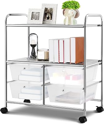 BestComfort Rolling Cart with 4 Drawers and 2 Shelves, Plastic Storage Drawers on Wheels, Mobile Utility Cart Palette Organizer for School Office Home Beauty Salon Spa Clear