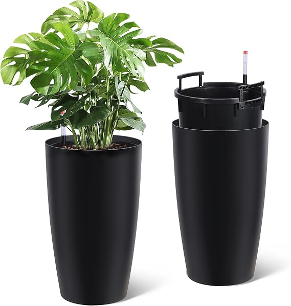 22" Tall Round Planters Set of 2, Self Watering Flower Pots with Water Level Monitor and Built-in Drainage, Large Flower Pot for Patio, Porch, Living Room, or Home Office, Black