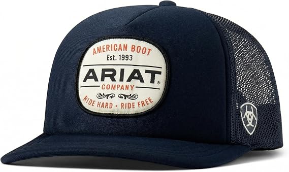 ARIAT Men's American Boot Patch Trucker Cap, Flat Brim, Navy