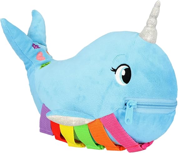Buckle Toys, Bubbly Narwhal Plush Learning Toy, Develop Fine Motor Skills | Montessori Learning Activity Travel Toy for Toddlers, Develop Motor Skills and Problem Solving