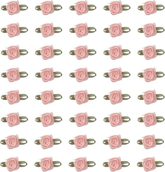 50 Pcs Satin Roses with Green Leaves for DIY Crafting Sewing (Peach)