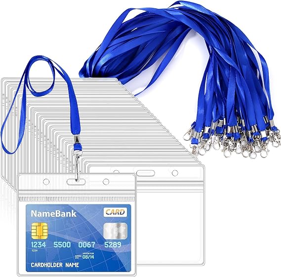 50pcs Blue Lanyards for Neck with Clear Plastic ID Card Holders