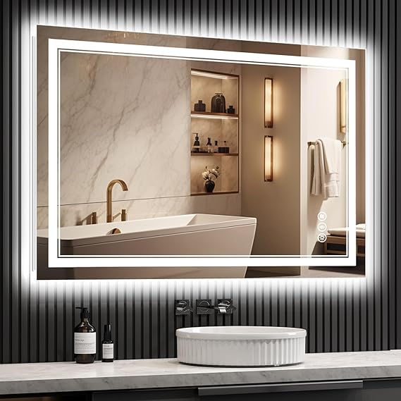 LED Mirror for Bathroom 48x32 inch, Front and Backlit, Anti-Fog, 3 Colors & Dimmable Bathroom Mirror with Lights, Shatter-Proof Tempered Glass, Rotatable, Plug-in or Hardwired, ETL Listed