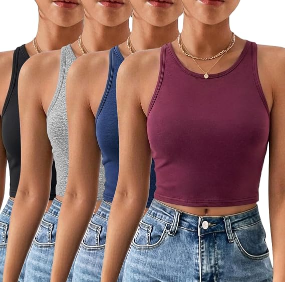 Kole Meego 4 Pack Tank Tops for Women Crop Tops Workout Cropped High Neck | Cotton,Soft,Breathable,Sleeveless,Fitted,athletic,Gym,Pilates,Sports,Running