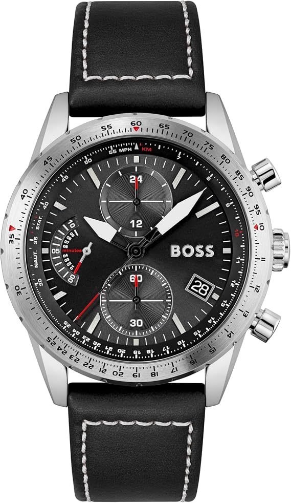 BOSS Men's 44mm Chronograph Quartz Watch Pilot Edition Chrono with Black Dial, Black Leather Strap, Date Fuction, 3 Sub-Dials, 5ATM Water Resistance - 1513853