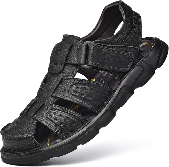 Men's Sport Sandals Closed Toe Outdoor Handmade Leather Sandal Adjustable Summer Fisherman Beach Shoes
