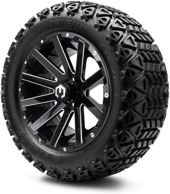 MODZ Mauler Glossy Black with Ball Mill 14" Golf Cart Wheels and Arisun X-Trail (23x10-14) DOT All-Terrain Golf Cart Tires Combo - Set of 4