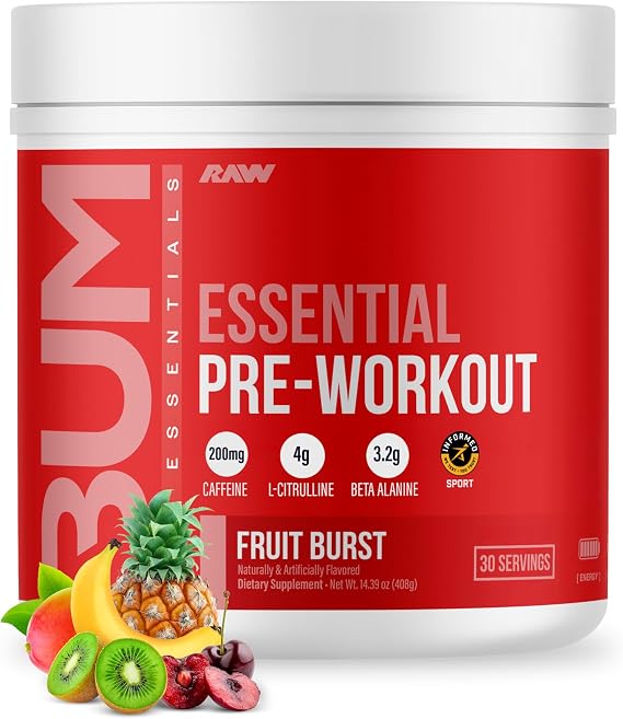 RAW Essential Pre-Workout Powder (Fruit Burst) - Chris Bumstead Sports Nutrition Supplement for Men & Women - Preworkout Energy Powder with Caffeine, L-Citrulline, L-Tyrosine, Beta Alanine Blend