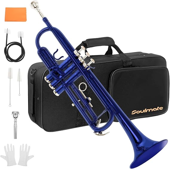 Soulmate Bb Standard Trumpet Set for Beginner Brass Student Trumpet Instrument with Carrying Hard Case, Cleaning Kit, 7C Mouthpiece and Gloves (Blue)