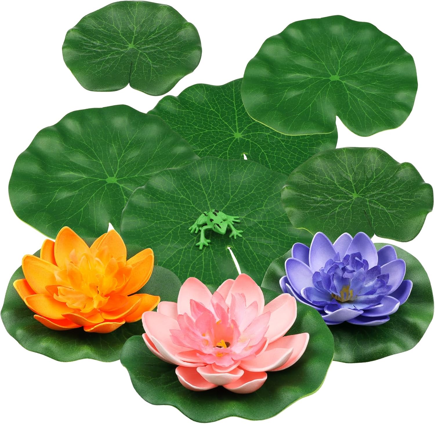 QUOZUO 10 Pack Artificial Floating Foam Lotus Flowers with Artificial Frog Lotus Leaves, Lily Pads for lake, Pond Plants Ornaments for Pool Water Decoration, Colorful