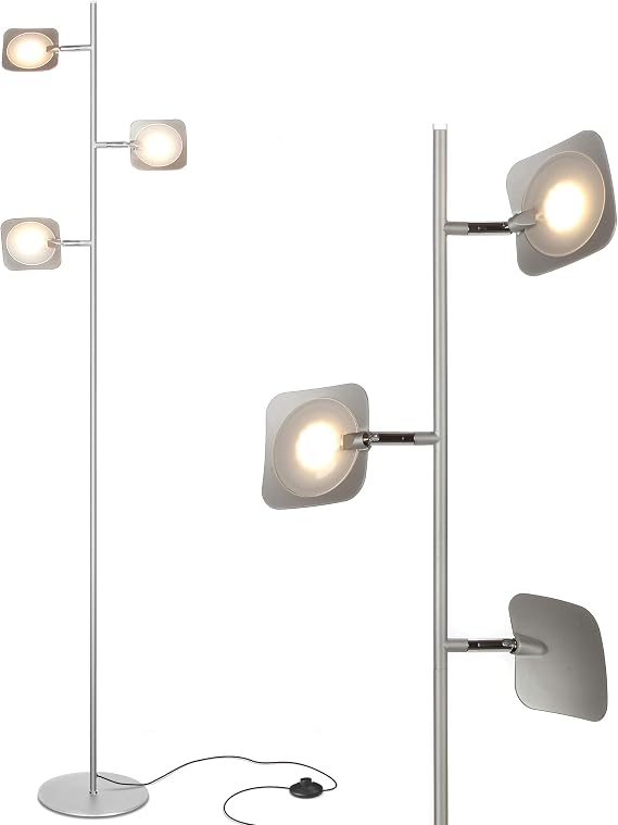 Brightech Tree Floor Lamp for Living Rooms & Offices, Dimmable Standing Lamp for Bedroom Reading, LED Spotlight Floor Lamp, Tall Lamp with Adjustable Panels for Minimal Space Use - Silver