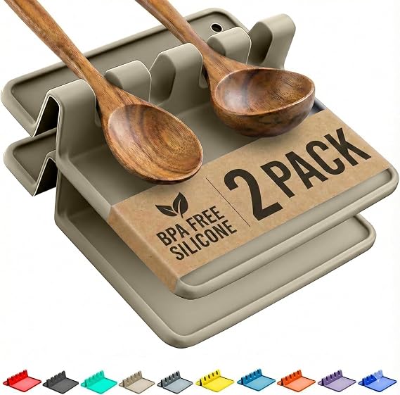 2 Pack Sage Silicone Spoon Rest for Stove Top Kitchen Spoon Holder Set