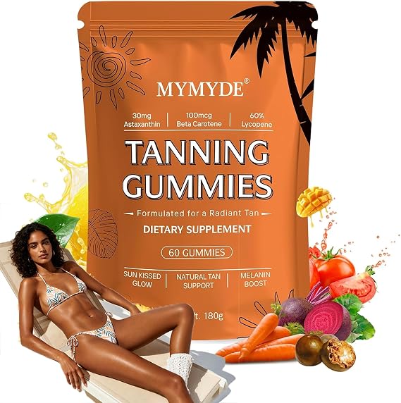 Skin Tanning Gummies for Women & Men - for Radiant Tan Natural Tan with Vitamin,Astaxanthin, Beta Carotene, Skin Radiance & Hydration,Support Melanin Boost - 60 Gummies