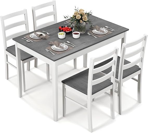 COSTWAY Dining Table Set for 4 w/Rubber Wood Legs, Anti-Slip Pads, Grey