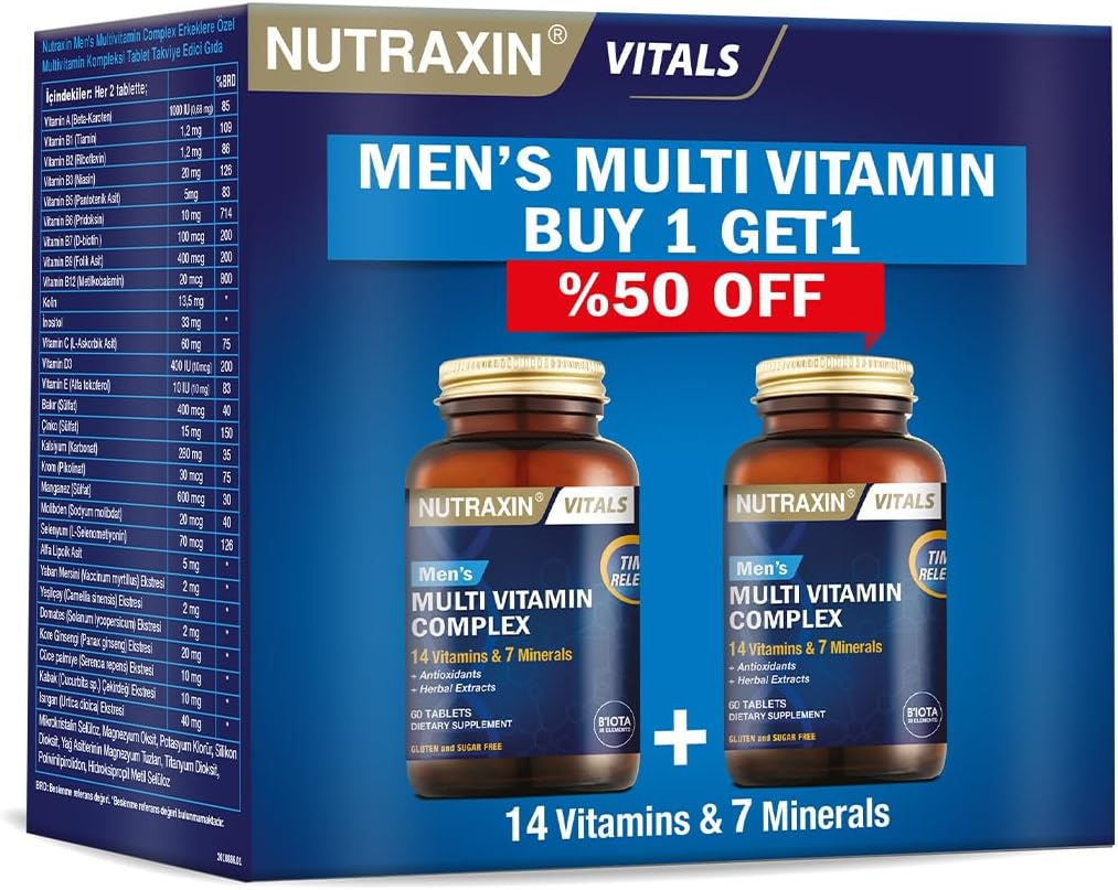 Nutraxin Multi Vitamin Complex Mens | Erkeklere Özel Multivitamin | 14 Vitamin  7 Mineral  Bitkisel Ekstreler | Zaman Salınımlı | 2.% 50 İndirimli Avantaj Paketi