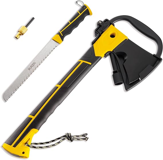 KATA 6-in-1 Multifunctional Camping Axe, Survival Tactical Hatchet with Flintstone Whistle, Hacksaw, Hammer, Flint, Multitool for Outdoor Camping, Hiking Adventures, Tactical Use, black