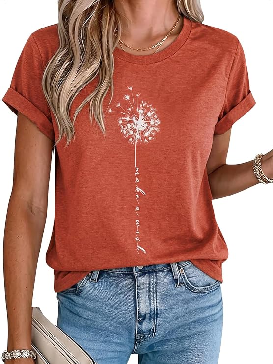 MaQiYa Womens Cute Make A Wish Dandelion Printed Tshirts Graphic Tees Tops
