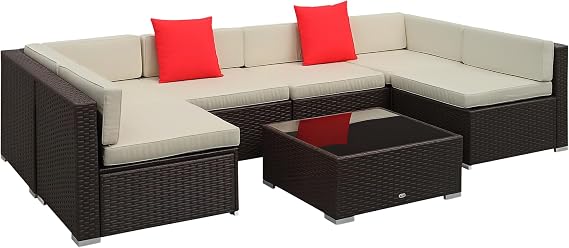 Outsunny 7 Piece Patio Furniture Set Wicker Outdoor Sectional Cream White | All Weather, PE Rattan Sofa Couch, Outdoor Conversation Sets, Cushions, Glass Top Coffee Table, Pillows