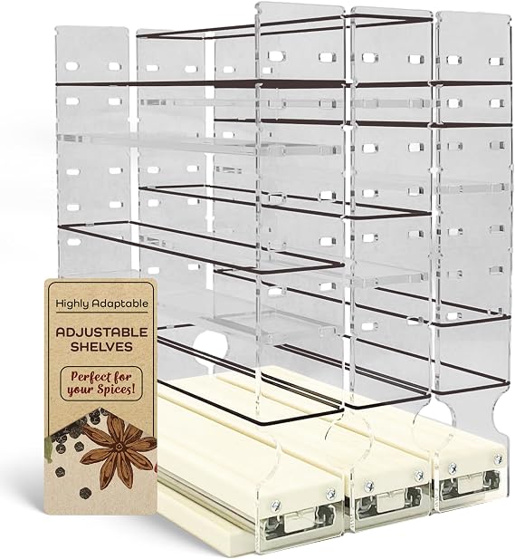 Vertical Spice Adjustable Spice Rack Drawer - Pull Out Cabinet Organizer - Kitchen and Pantry Organizers and Storage - Spice Caddy - 3 Drawers, 5 Upper Tier 6.9 W x 11.25 H x 10.6, Cream