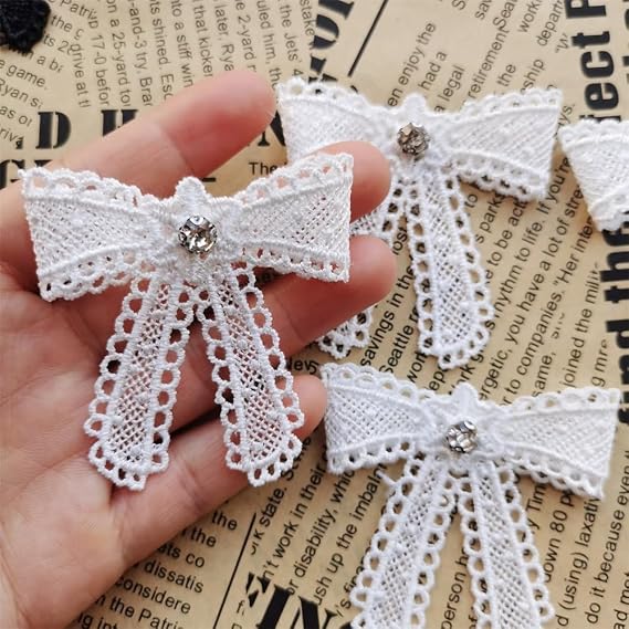 20Pcs Polyester Crystal Bows Bowknot Appliques 6cm/2.36" Embroidered Lace Trim Fabric Butterfly Patches Handmade DIY Headwear Children Clothing Accessories Hair Shoes Decoration (White)
