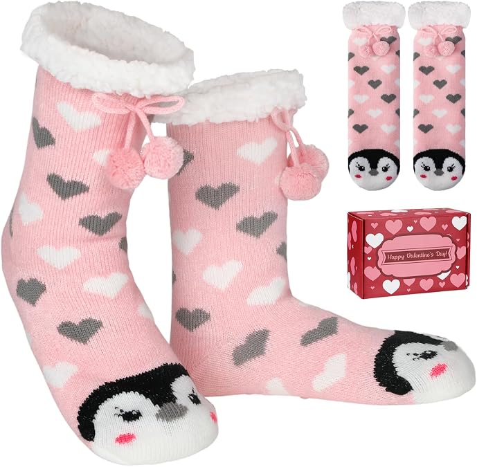 Cosweet Cute Penguin Valentines Socks for Women - 2 Pairs Thick Fluffy Slipper Socks with Grips, Gifts for Wife Girlfriend