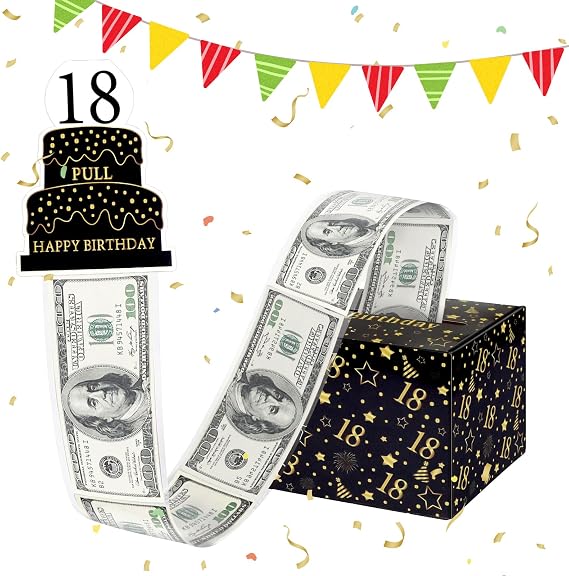 18th Birthday Money Box for Cash Gift, Black Gold Pull Surprise Money Gift Box for 18th Birthday Presents, Birthday Gift Money Box Money Presentation Box, Happy Birthday Money Gift Box for Boys Girls