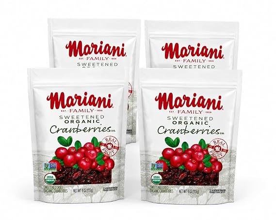 Mariani - Dried Organic Cranberries -4oz (Pack of 4) Organic, Gluten Free, Vegan, Resealable Bag - Healthy Snack for Kids & Adults