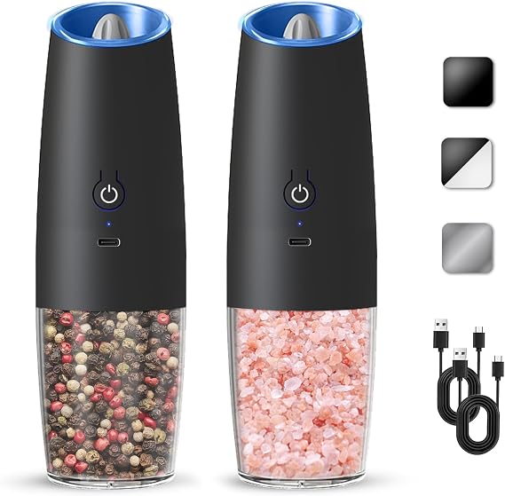 Rechargeable Gravity Salt Pepper Grinder Set, 2 Pack (Black)