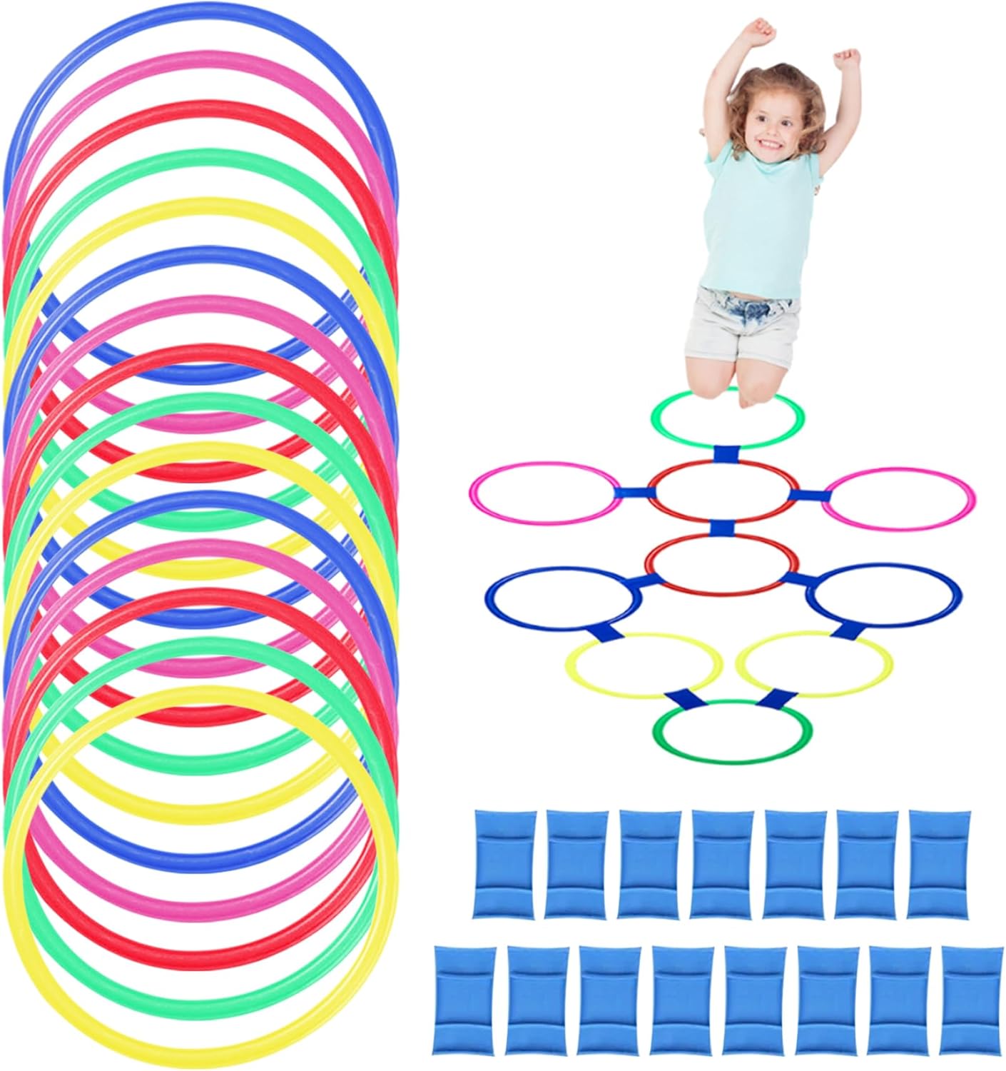 Hopscotch Rings, 15PCS 15 Inch Multi-Colored Hopscotch Outdoor with 15PCS Buckle, Jump Grid DIY Obstacle Course for Kids 2, Non Slip Kids Outdoor Play Equipment