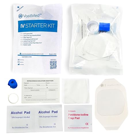 100 PCs IV Starter Kit with Gauze/Chlorascrub Swab LF by VASTMED | Posi-Guard Catheter Securement Device & Transparent Window Dressing | Latex-Free Tourniquets
