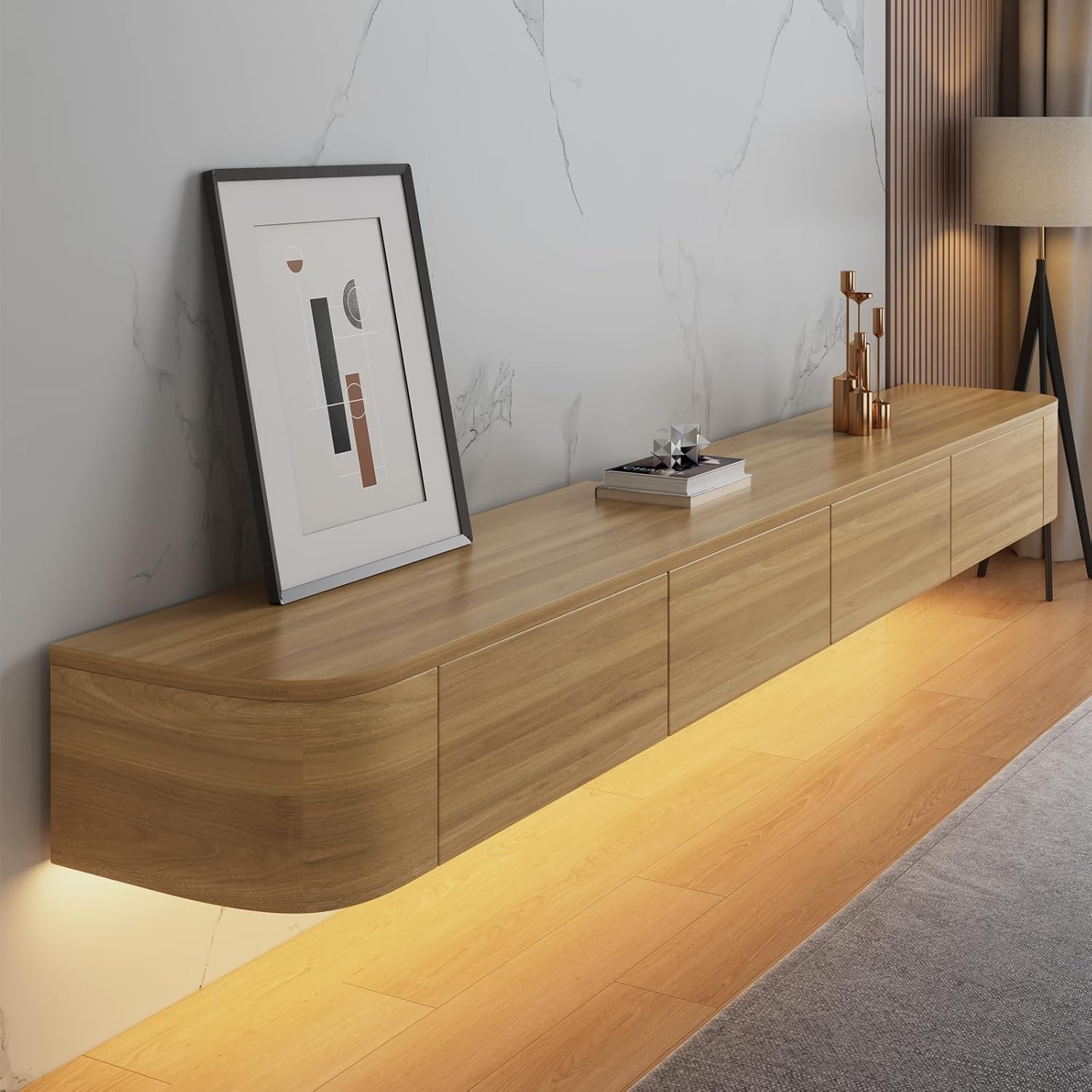 Floating TV Stand Cabinet wall mounted Brown Floating tv Shelves with LED light & Doors & Drawer Modern Media Entertainment TV Console Storage TV Unit for Living Room 140cm55in