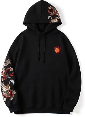 Streetwear Mens Dragon Embroidered Heavyweight Graphic Hoodies Japanese Techwear baggy Anime Hoodie